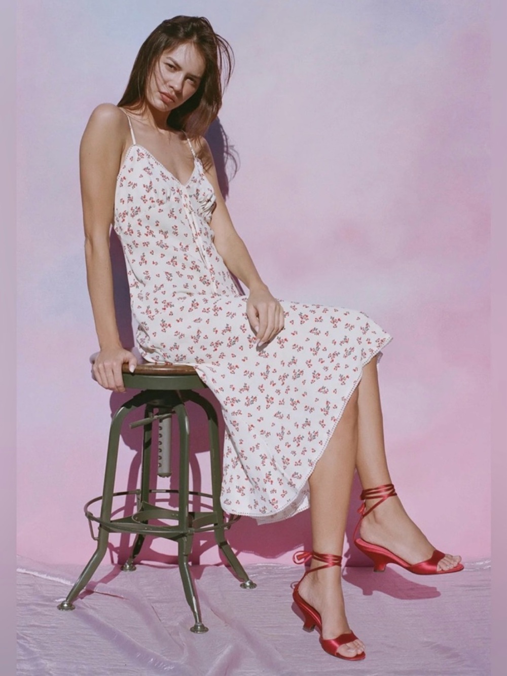 Ciao Lucia Cream Midi Dress with Red Floral Motif